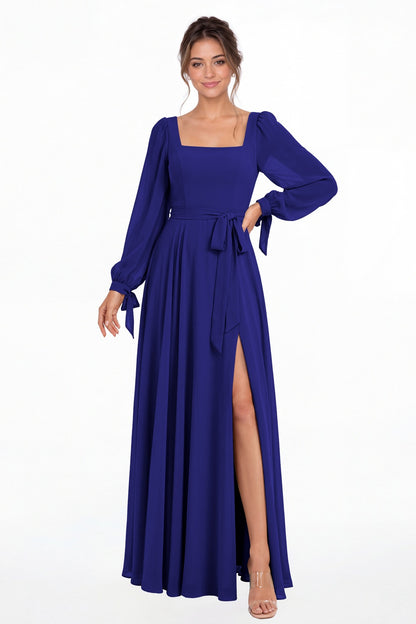 Royal Blue Square Neck Long Sleeve Chiffon A-Line Slit Maxi Gown - Front View