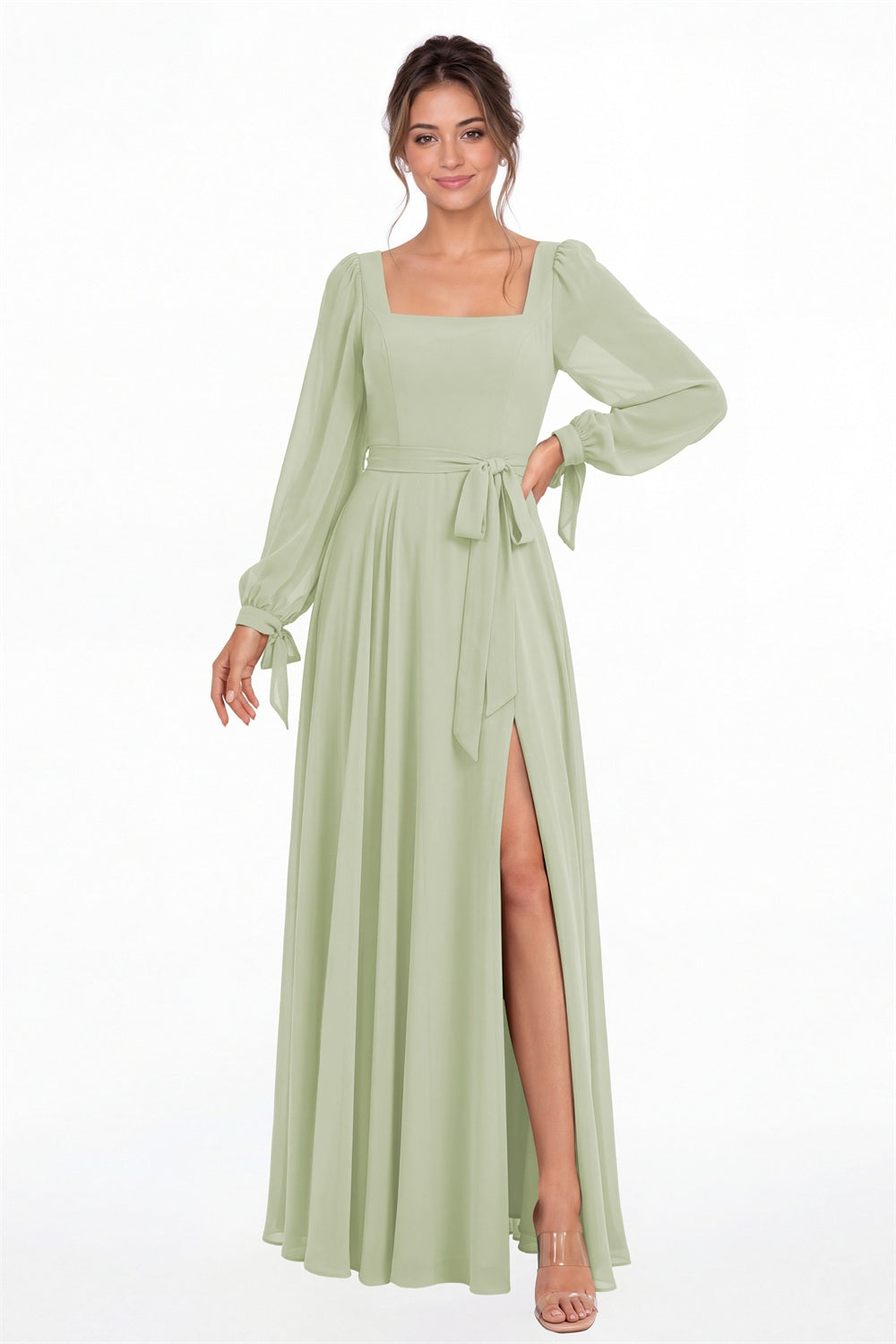Sage Green Square Neck Long Sleeve Chiffon A-Line Slit Maxi Gown - Front View