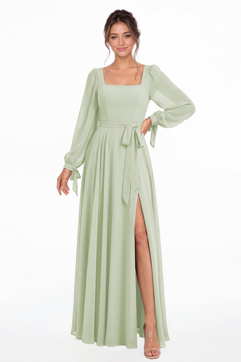 Sage Green Square Neck Long Sleeve Chiffon A-Line Slit Maxi Gown - Front View