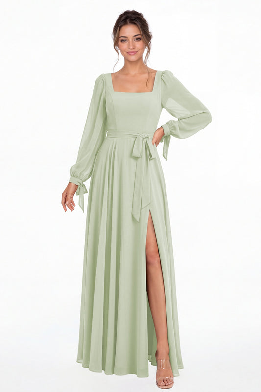 Sage Green Square Neck Long Sleeve Chiffon A-Line Slit Maxi Gown - Front View