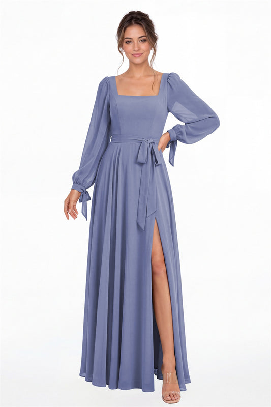 Steel Blue Square Neck Long Sleeve Chiffon A-Line Slit Maxi Gown - Front View