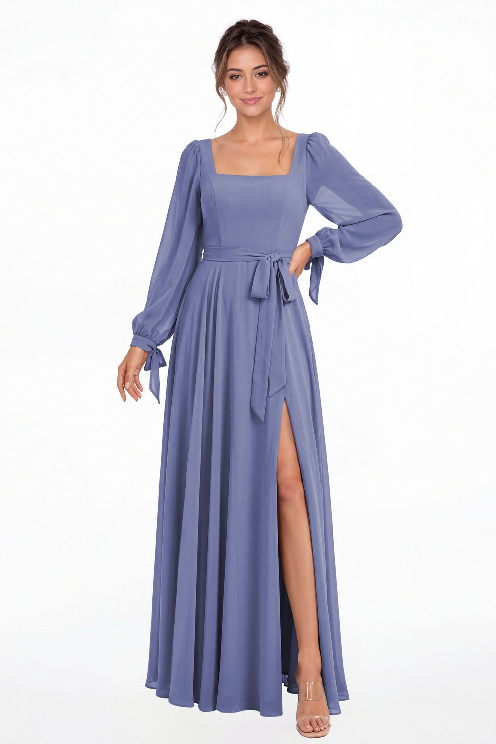 Steel Blue Square Neck Long Sleeve Chiffon A-Line Slit Maxi Gown - Front View