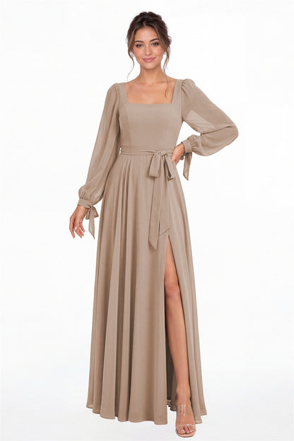 Taupe Square Neck Long Sleeve Chiffon A-Line Slit Maxi Gown - Front View