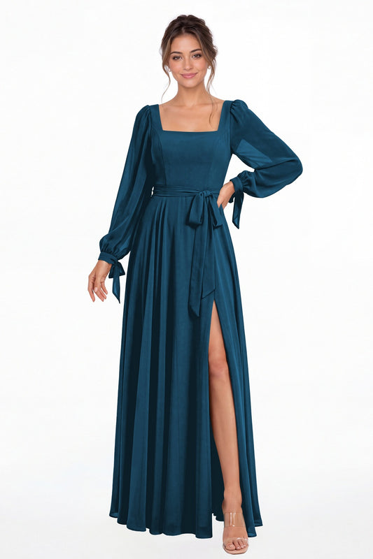 Teal Square Neck Long Sleeve Chiffon A-Line Slit Maxi Gown - Front View