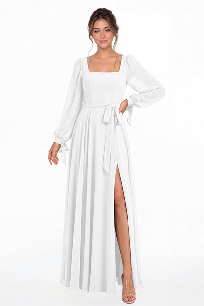 White Square Neck Long Sleeve Chiffon A-Line Slit Maxi Gown - Front View