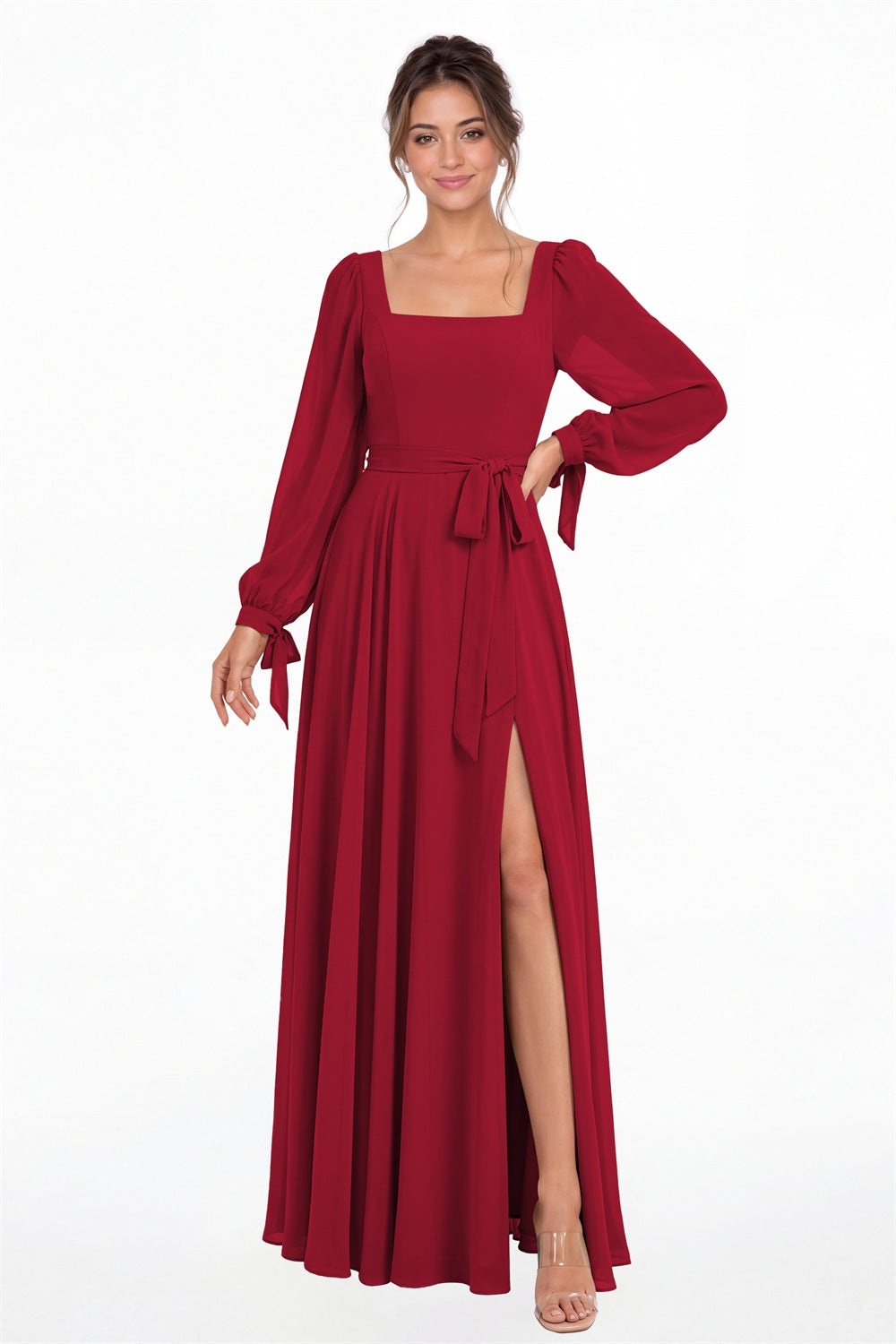Wine Red Square Neck Long Sleeve Chiffon A-Line Slit Maxi Gown - Front View