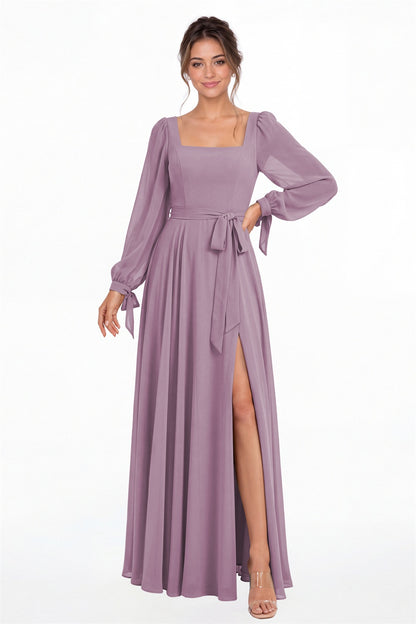Wisteria Square Neck Long Sleeve Chiffon A-Line Slit Maxi Gown - Front View