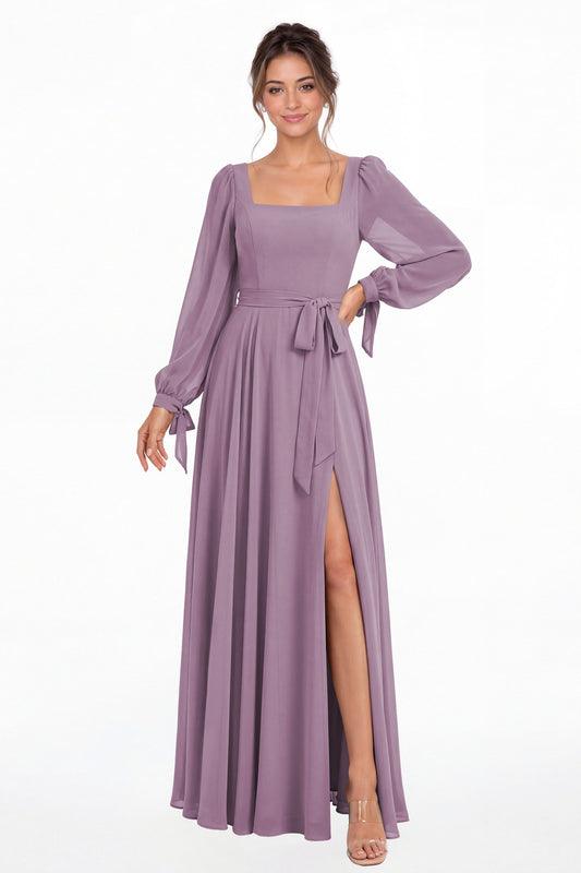 Wisteria Square Neck Long Sleeve Chiffon A-Line Slit Maxi Gown - Front View