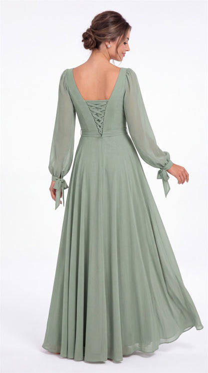 Square Neck Long Sleeve Chiffon A-Line Slit Maxi Gown - Back View