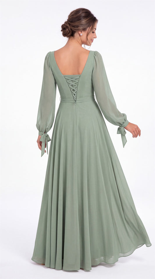 Square Neck Long Sleeve Chiffon A-Line Slit Maxi Gown - Back View