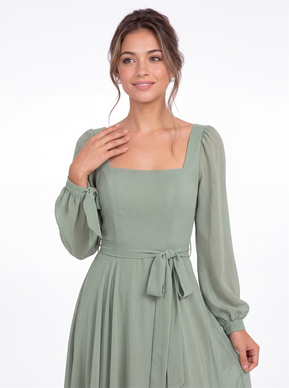 Square Neck Long Sleeve Chiffon A-Line Slit Maxi Gown - Detail View 1