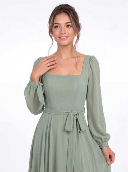 Square Neck Long Sleeve Chiffon A-Line Slit Maxi Gown - Detail View 1