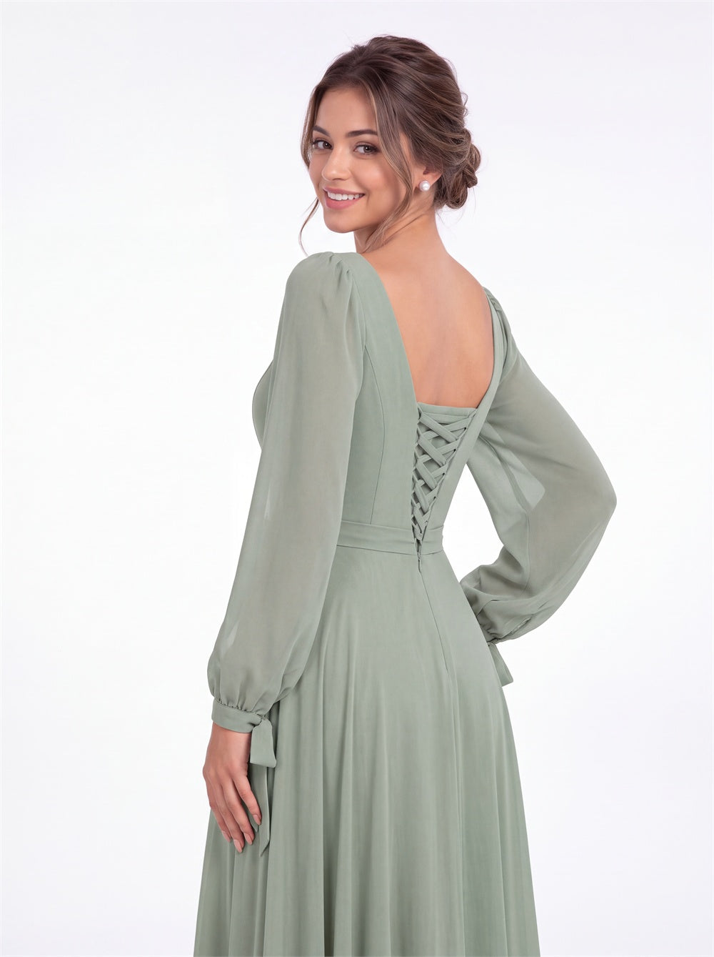 Square Neck Long Sleeve Chiffon A-Line Slit Maxi Gown - Detail View 2
