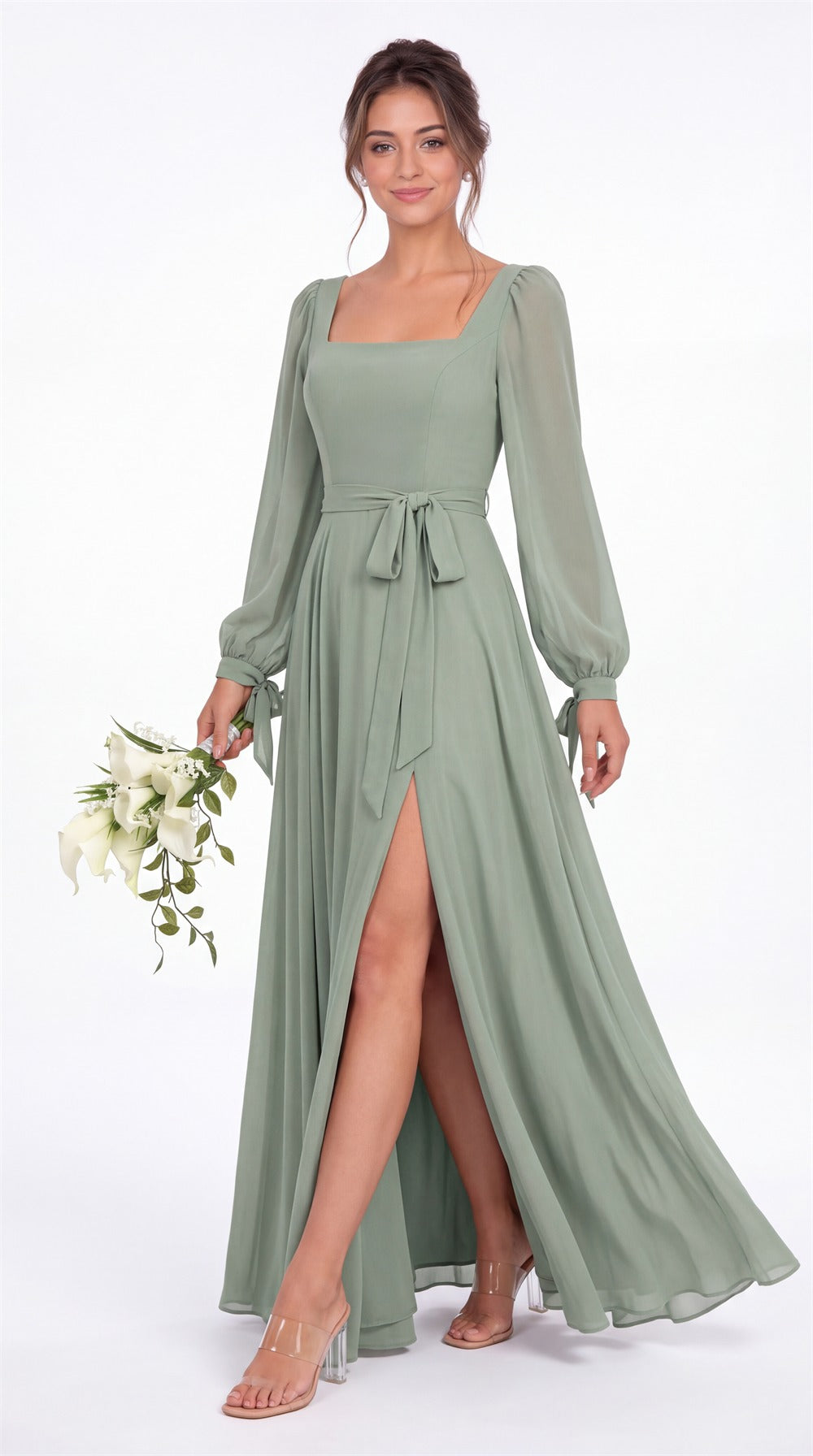 Square Neck Long Sleeve Chiffon A-Line Slit Maxi Gown - Detail View 3