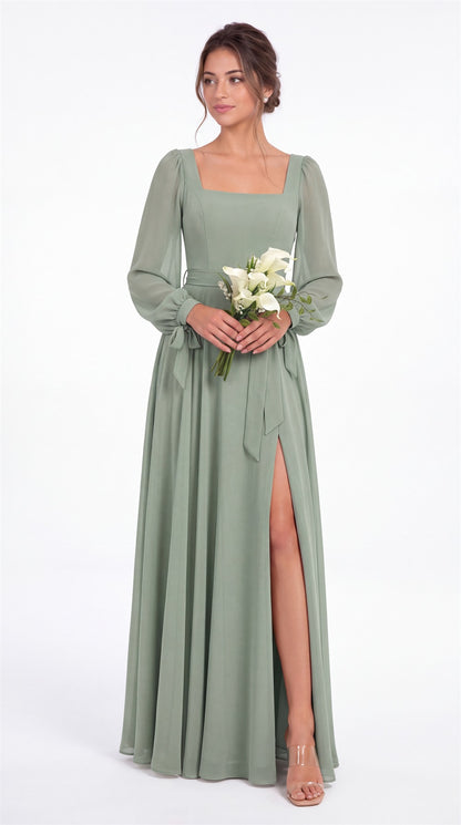 Square Neck Long Sleeve Chiffon A-Line Slit Maxi Gown - Detail View 4