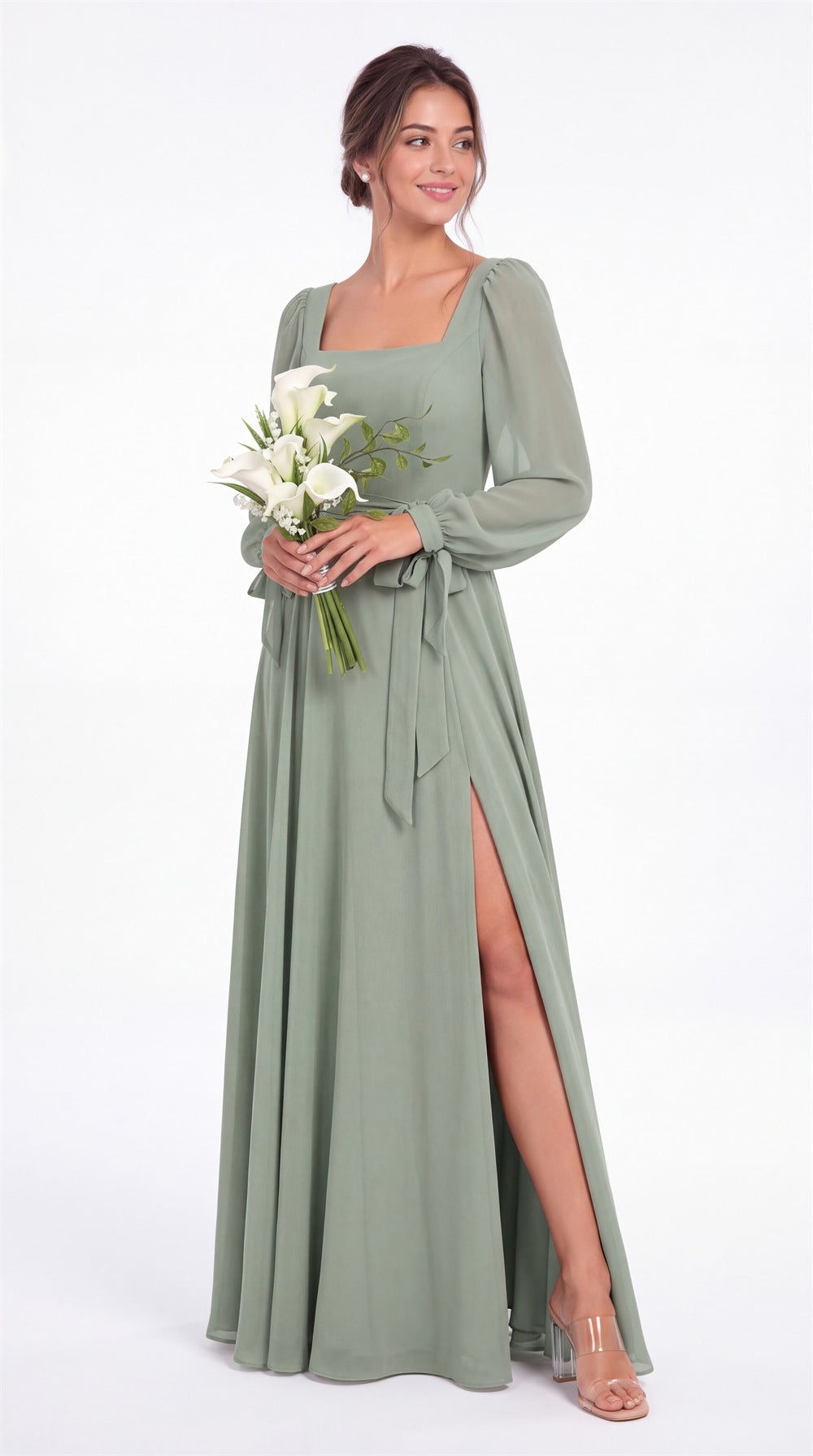 Square Neck Long Sleeve Chiffon A-Line Slit Maxi Gown - Detail View 5