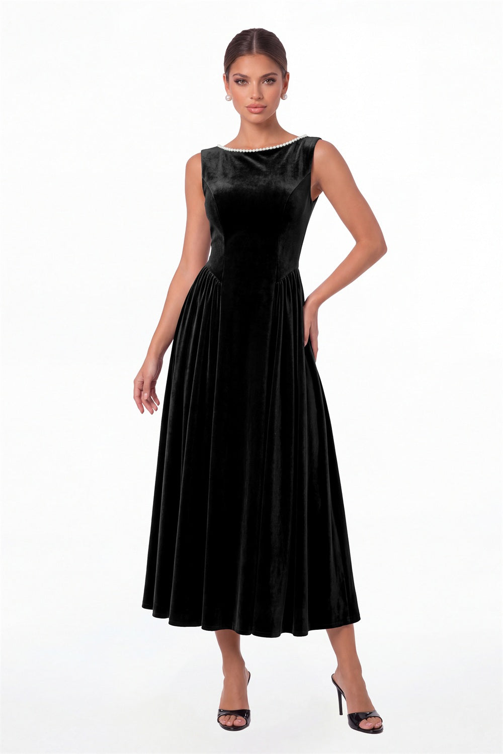Black Scoop Neck Velvet Ruched Pearl Midi Dress - Front View