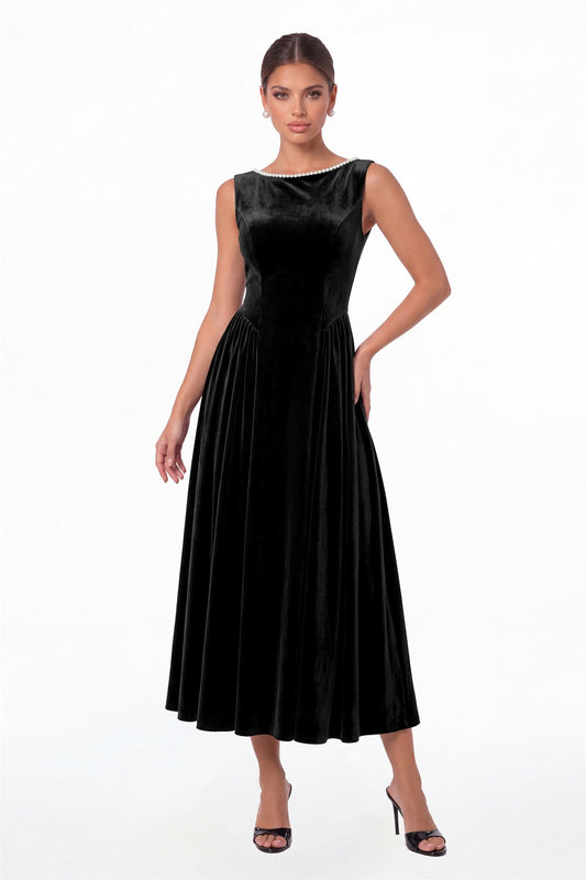 Black Scoop Neck Velvet Ruched Pearl Midi Dress - Front View