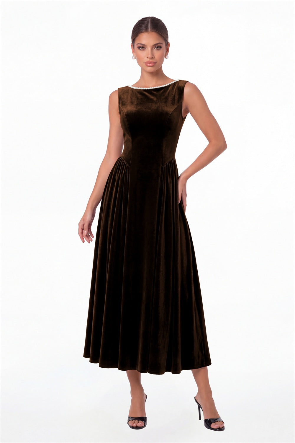 Brown Scoop Neck Velvet Ruched Pearl Midi Dress - Front View