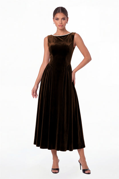 Brown Scoop Neck Velvet Ruched Pearl Midi Dress - Front View