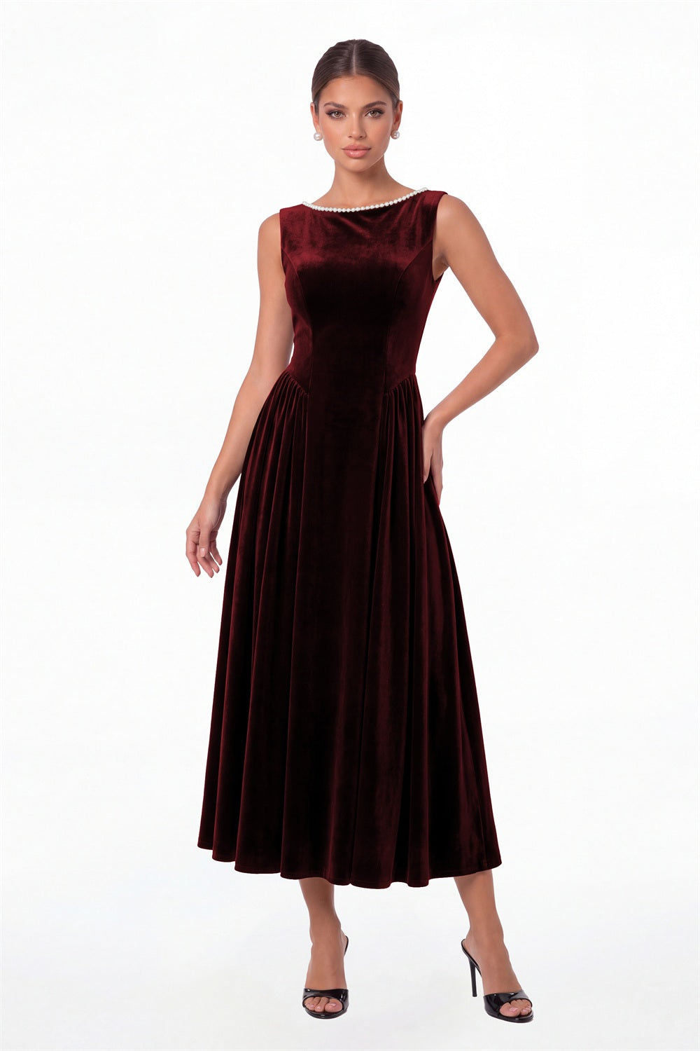 Burgundy Scoop Neck Velvet Ruched Pearl Midi Dress - Front View