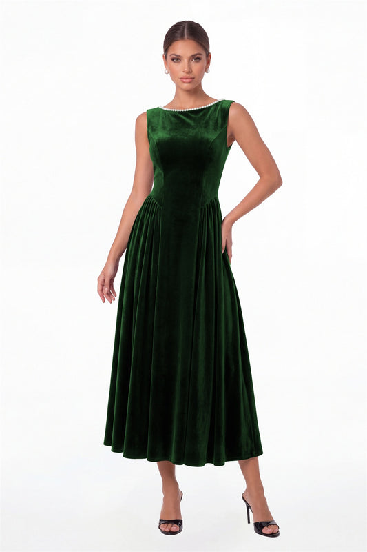 Emerald Green Scoop Neck Velvet Ruched Pearl Midi Dress - Front View