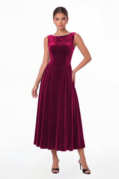 Fuchsia Scoop Neck Velvet Ruched Pearl Midi Dress - Front View