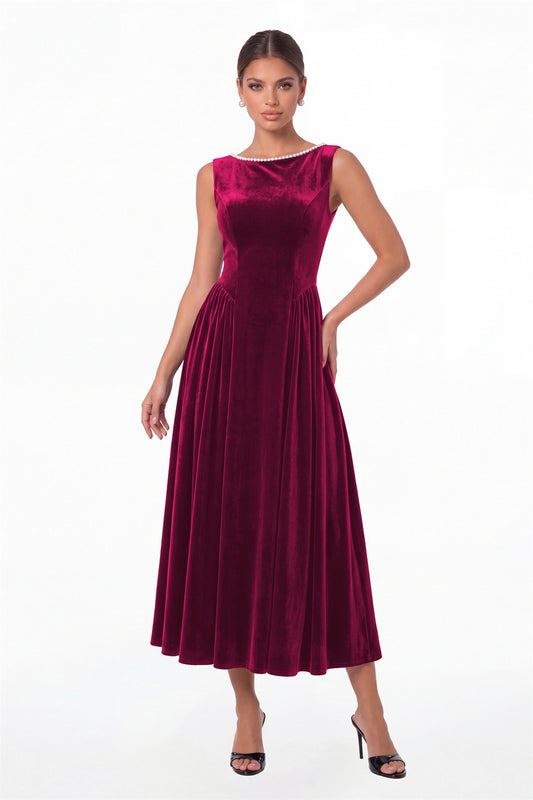 Fuchsia Scoop Neck Velvet Ruched Pearl Midi Dress - Front View