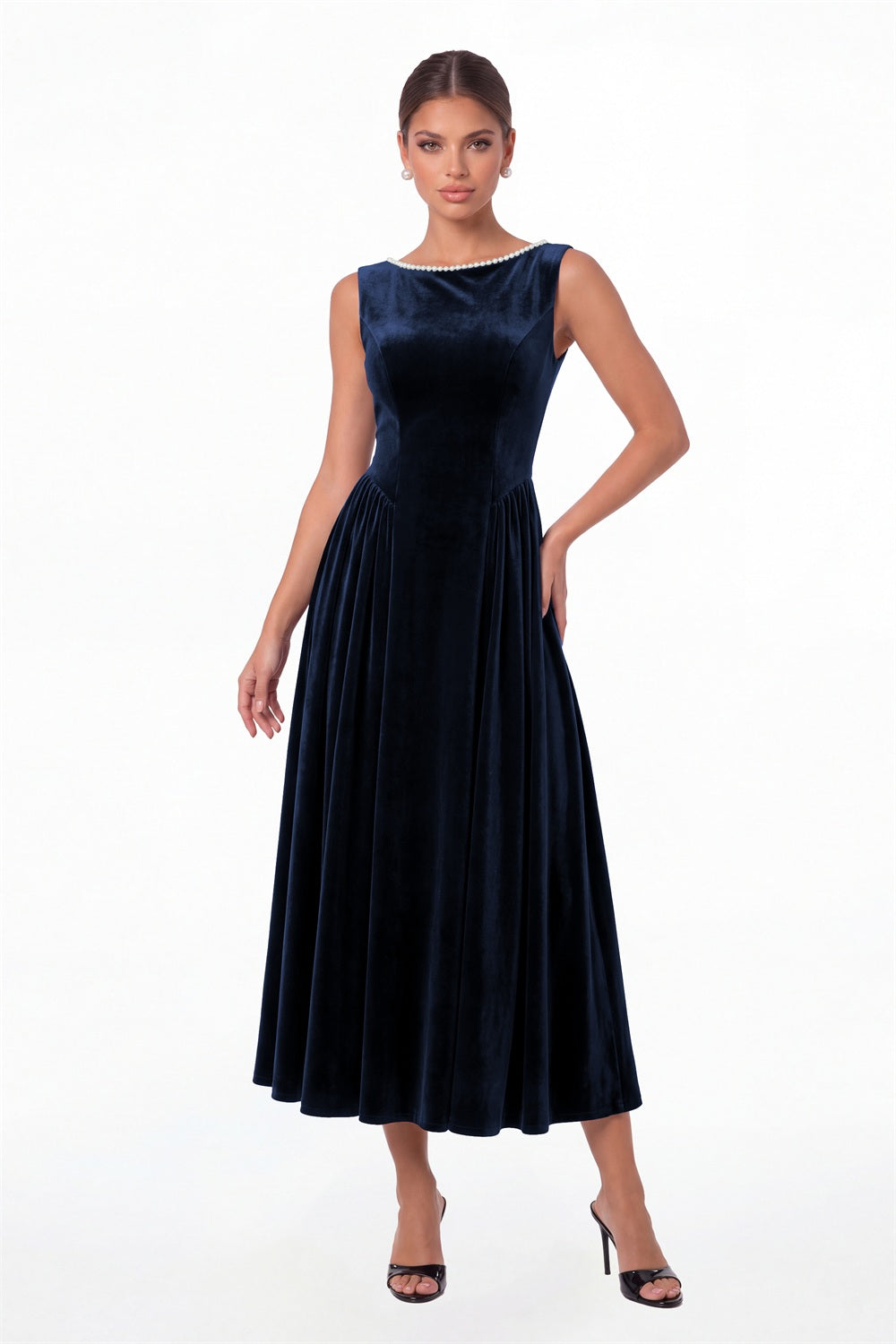 Navy Blue Scoop Neck Velvet Ruched Pearl Midi Dress - Front View