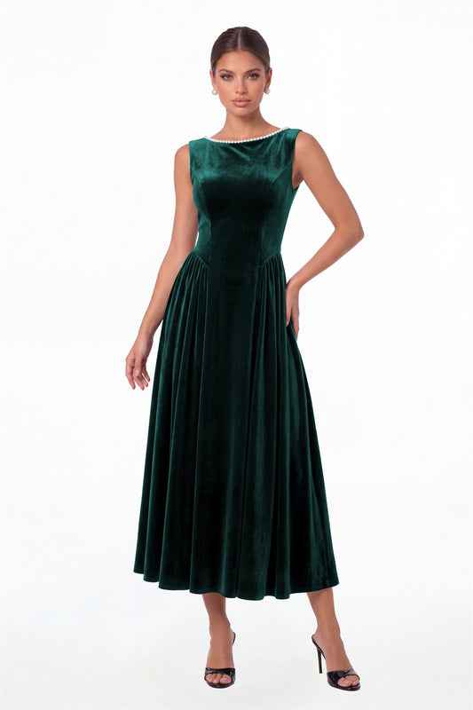 Peacock Scoop Neck Velvet Ruched Pearl Midi Dress - Front View