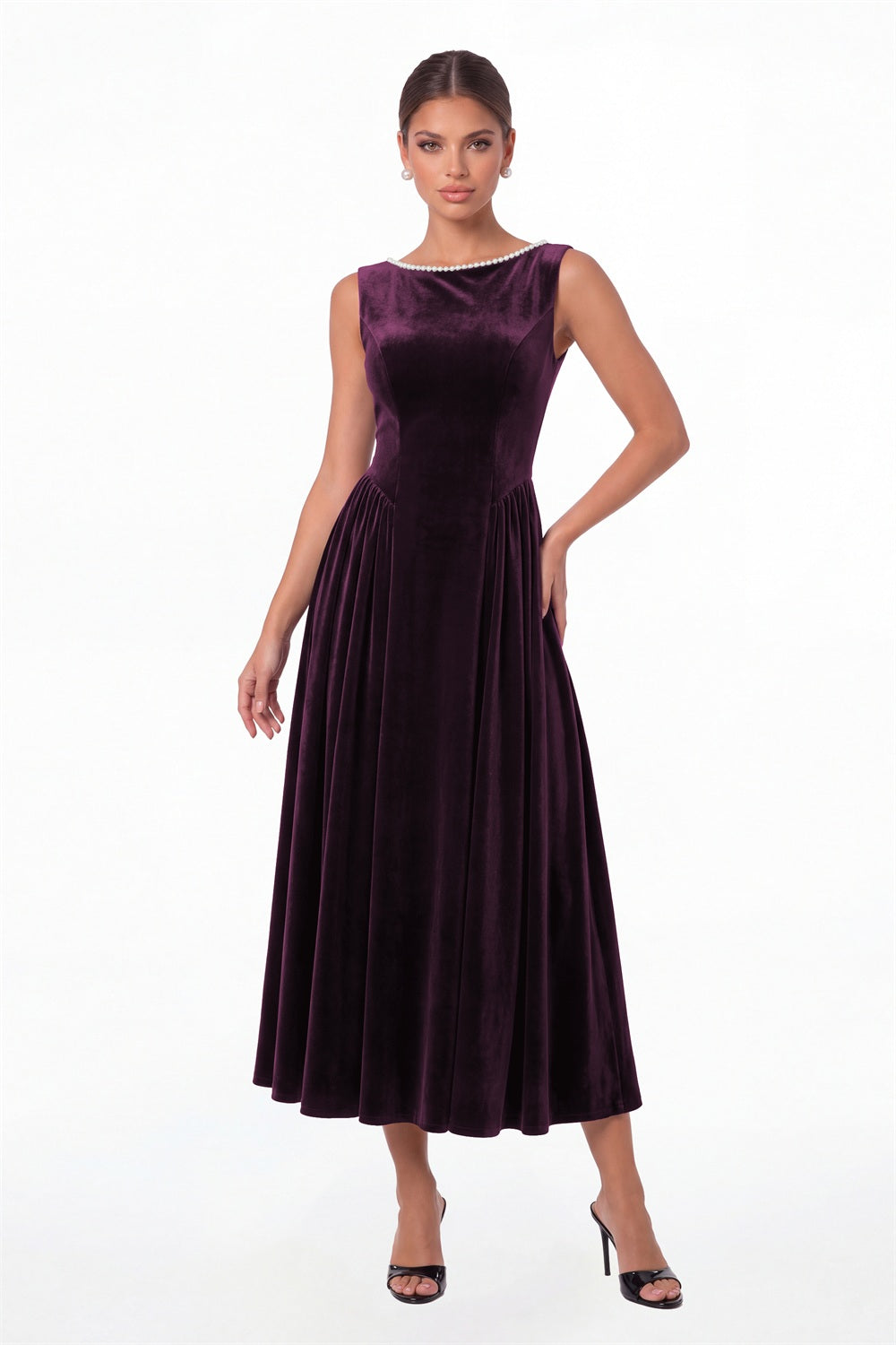 Plum Scoop Neck Velvet Ruched Pearl Midi Dress - Front View