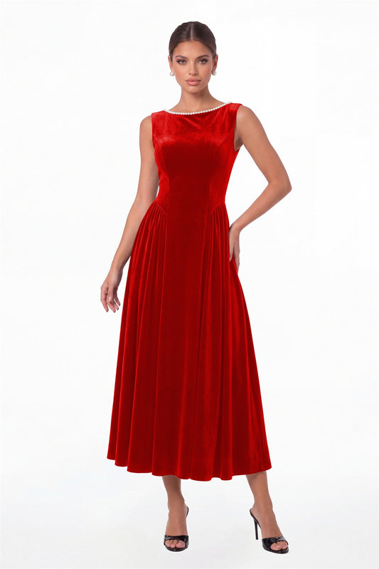 Red Scoop Neck Velvet Ruched Pearl Midi Dress - Front View