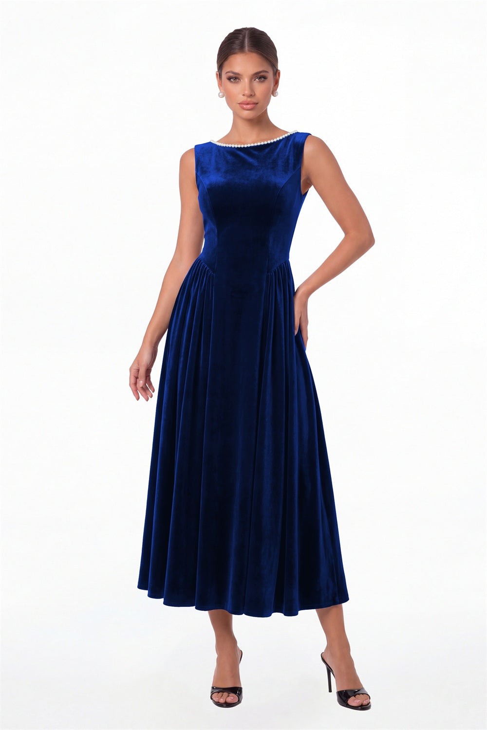 Royal Blue Scoop Neck Velvet Ruched Pearl Midi Dress - Front View