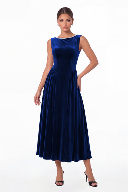 Royal Blue Scoop Neck Velvet Ruched Pearl Midi Dress - Front View