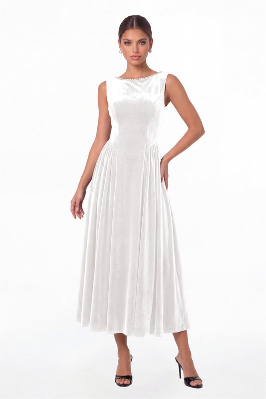 White Scoop Neck Velvet Ruched Pearl Midi Dress - Front View