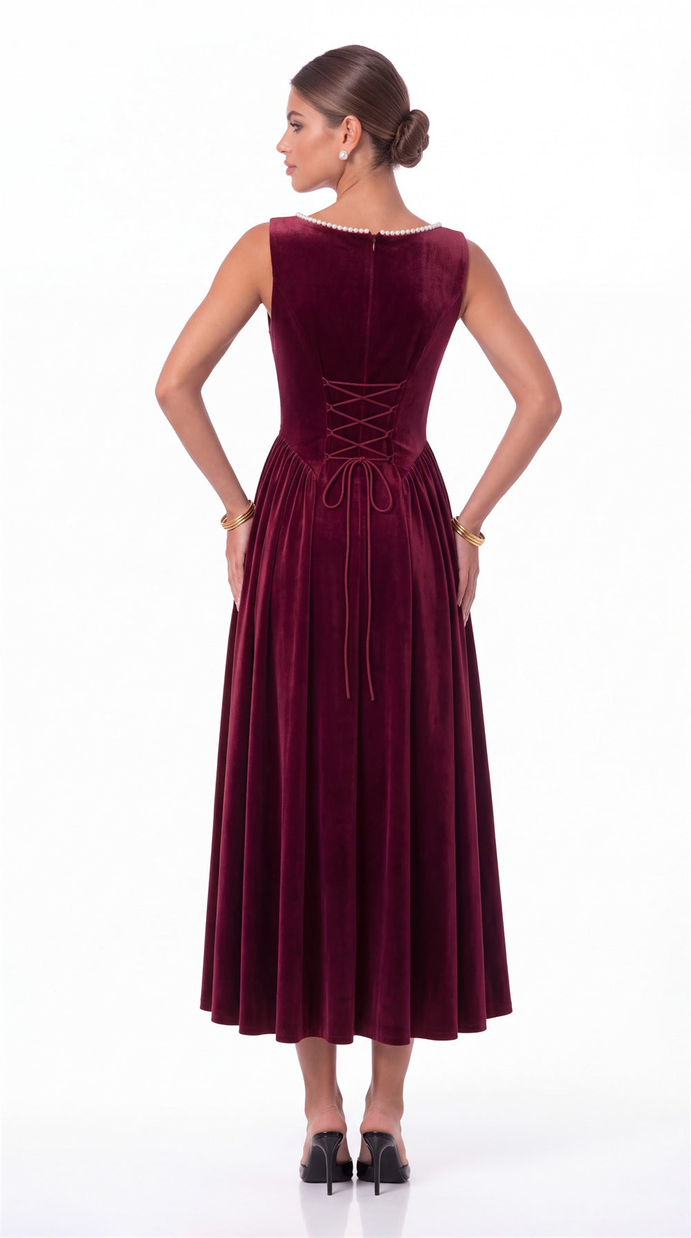 Scoop Neck Velvet Ruched Pearl Midi Dress - Back View