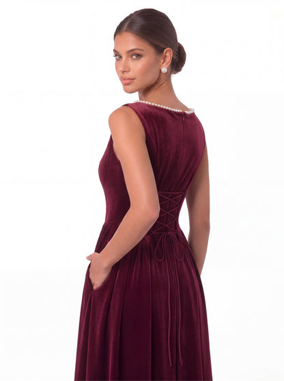 Scoop Neck Velvet Ruched Pearl Midi Dress - Detail View 2
