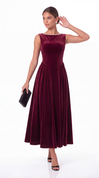 Scoop Neck Velvet Ruched Pearl Midi Dress - Detail View 3