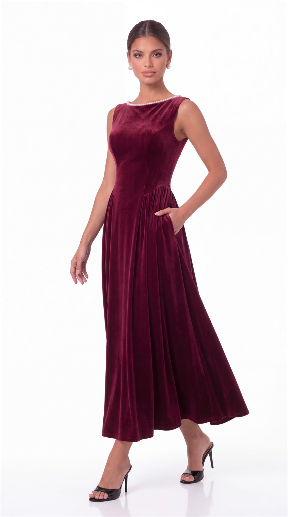Scoop Neck Velvet Ruched Pearl Midi Dress - Detail View 4