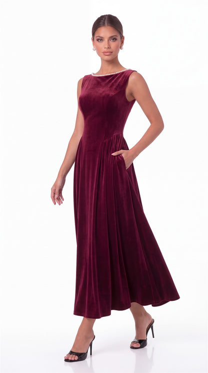 Scoop Neck Velvet Ruched Pearl Midi Dress - Detail View 4