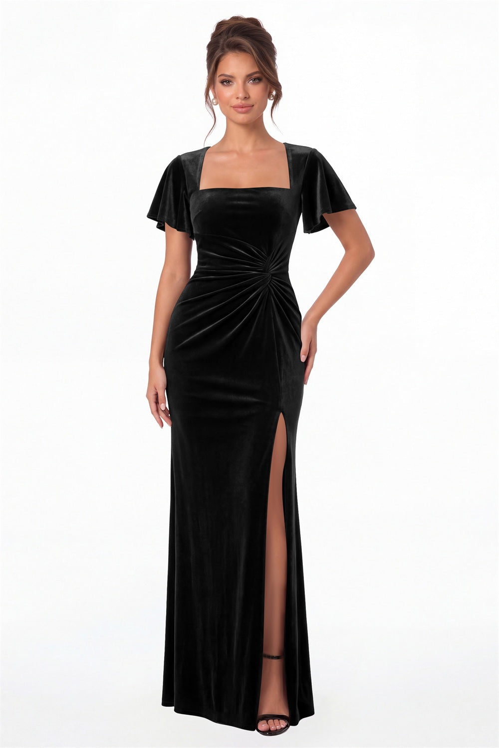 Black Square Neck Flutter Sleeve Velvet Ruched Slit Maxi Gown - Front View