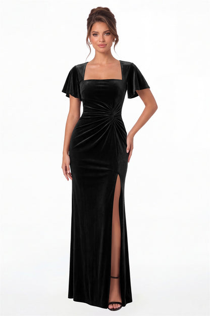 Black Square Neck Flutter Sleeve Velvet Ruched Slit Maxi Gown - Front View