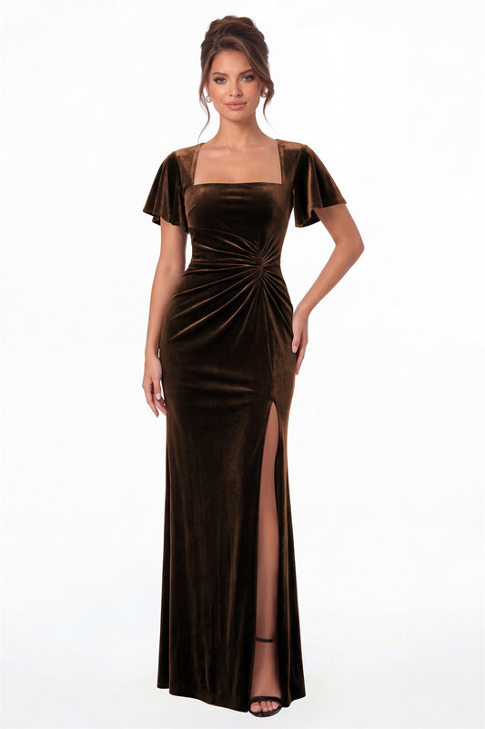 Brown Square Neck Flutter Sleeve Velvet Ruched Slit Maxi Gown - Front View