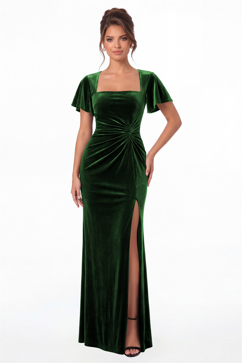 Emerald Green Square Neck Flutter Sleeve Velvet Ruched Slit Maxi Gown - Front View