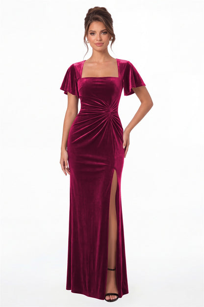 Fuchsia Square Neck Flutter Sleeve Velvet Ruched Slit Maxi Gown - Front View