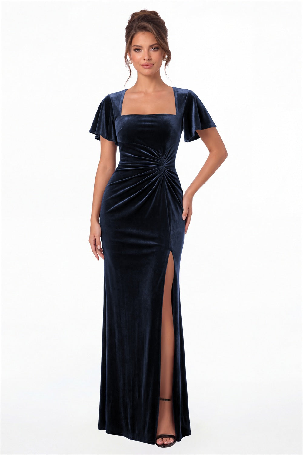 Navy Blue Square Neck Flutter Sleeve Velvet Ruched Slit Maxi Gown - Front View