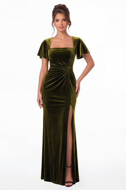 Olive Green Square Neck Flutter Sleeve Velvet Ruched Slit Maxi Gown - Front View