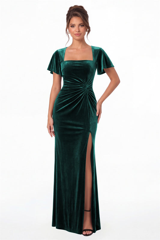 Peacock Square Neck Flutter Sleeve Velvet Ruched Slit Maxi Gown - Front View