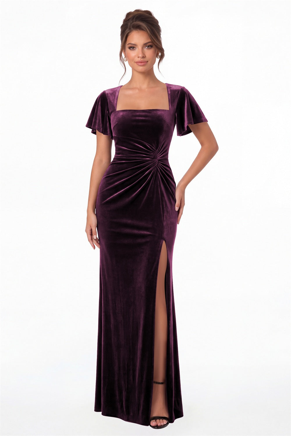 Plum Square Neck Flutter Sleeve Velvet Ruched Slit Maxi Gown - Front View