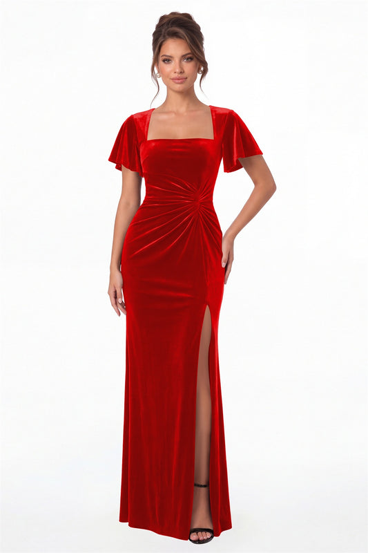 Red Square Neck Flutter Sleeve Velvet Ruched Slit Maxi Gown - Front View